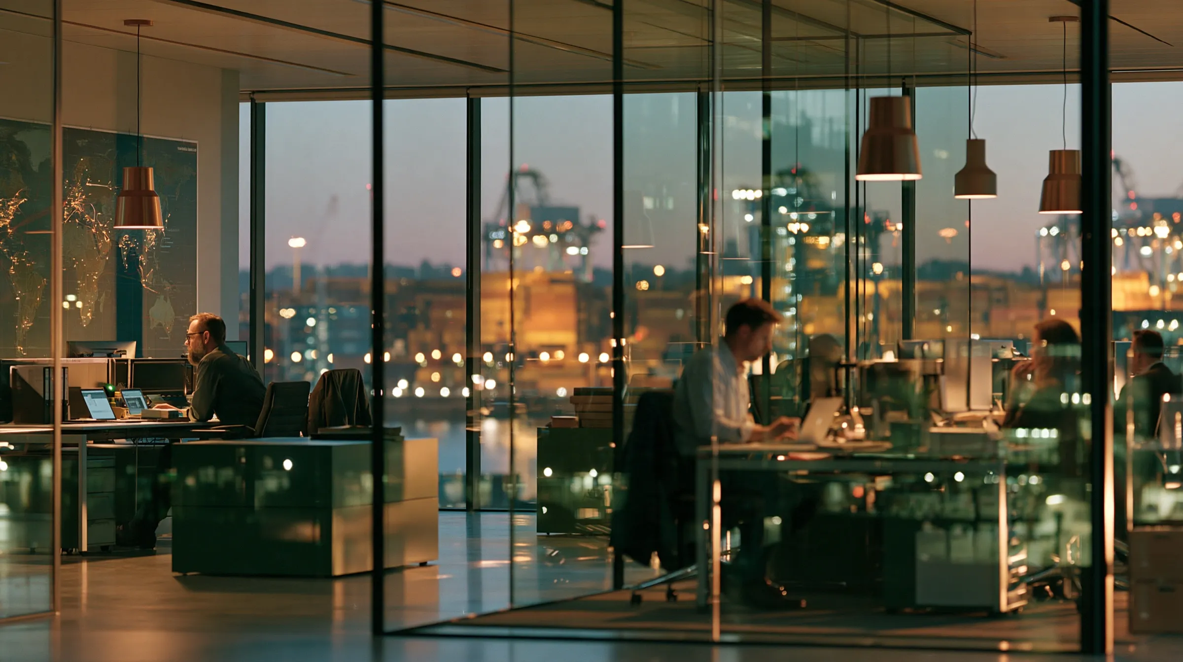 People at desks in a glass-walled office at dusk, with container cranes at a port beyond the windows